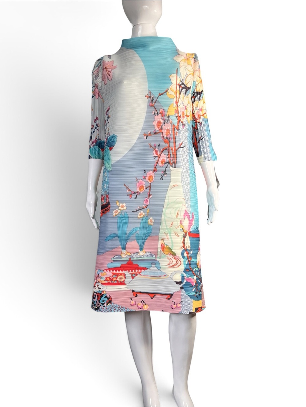 RICH RADI Q's Artisitic Botanical Print Pleated High Neck Dress One Size - Picture 2 of 8